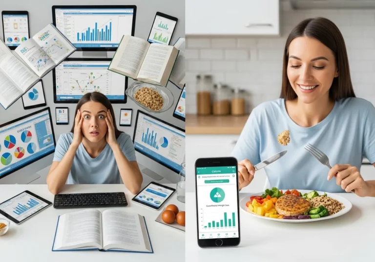 Person confidently tracking calories and eating balanced meals showing steady fat loss progress on a graph, contrasted with nutrition information overload
