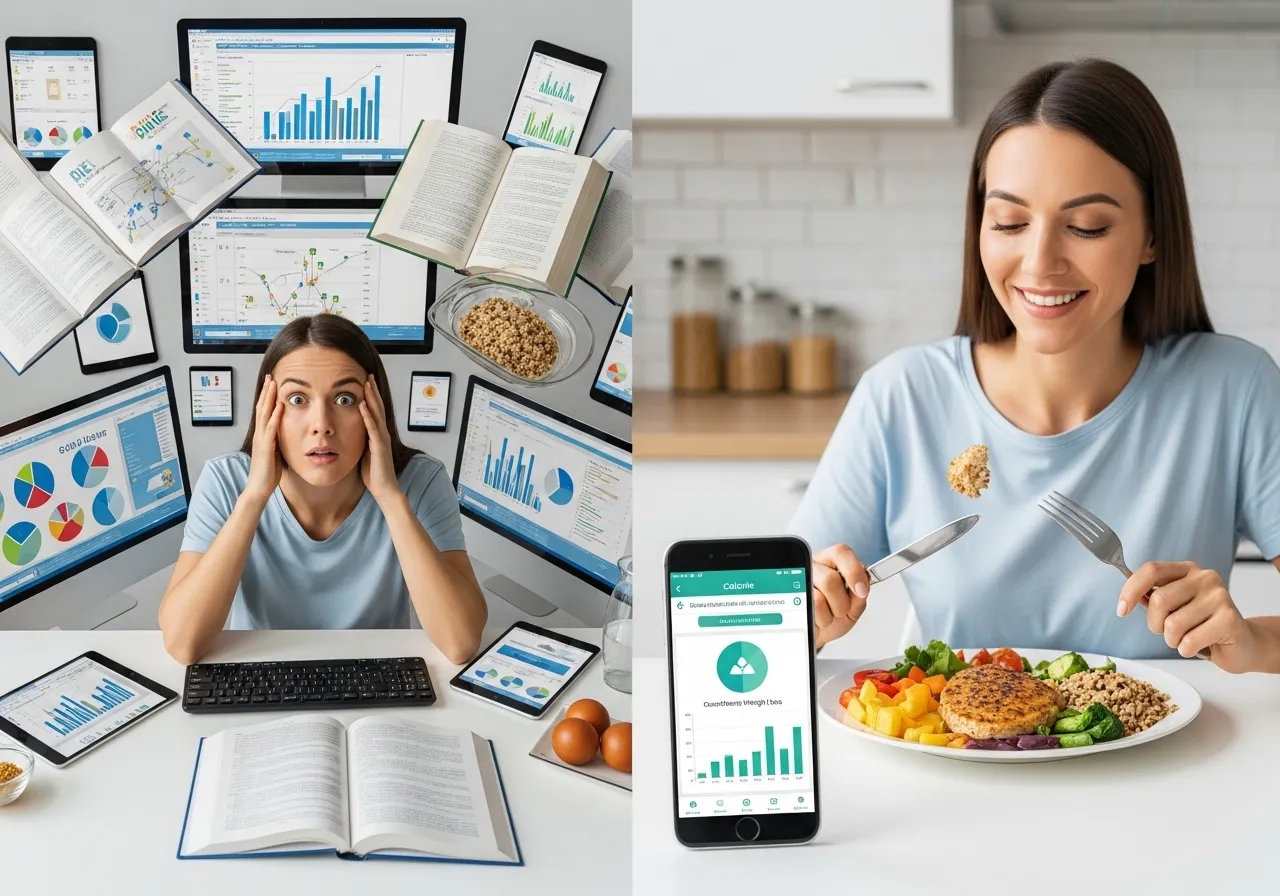 Person confidently tracking calories and eating balanced meals showing steady fat loss progress on a graph, contrasted with nutrition information overload