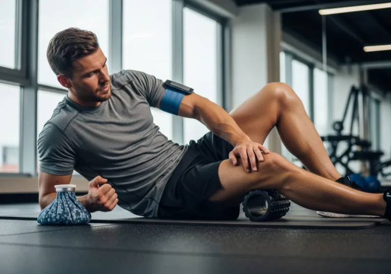 athlete using foam roller and ice pack for faster post-workout muscle recovery