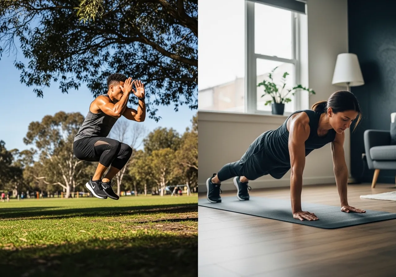 person doing HIIT workout outdoors in park and at home