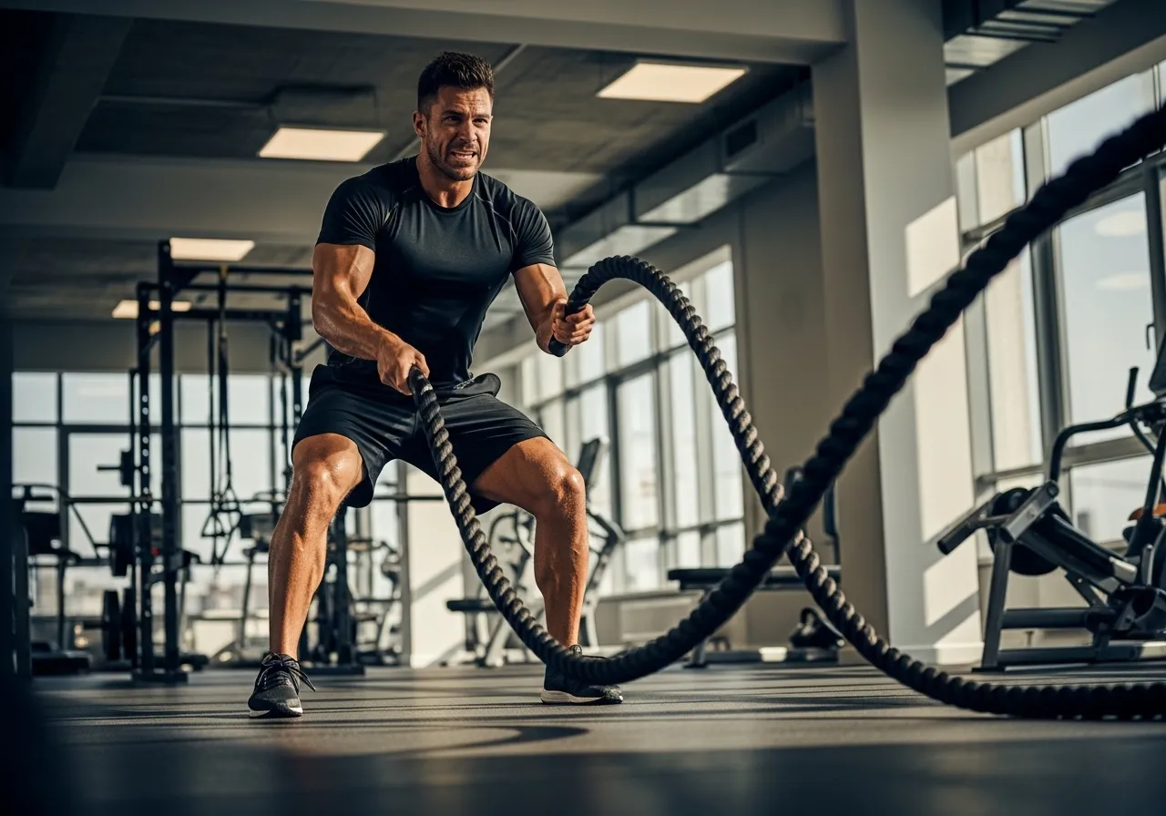 person doing explosive HIIT movements with battle ropes in gym