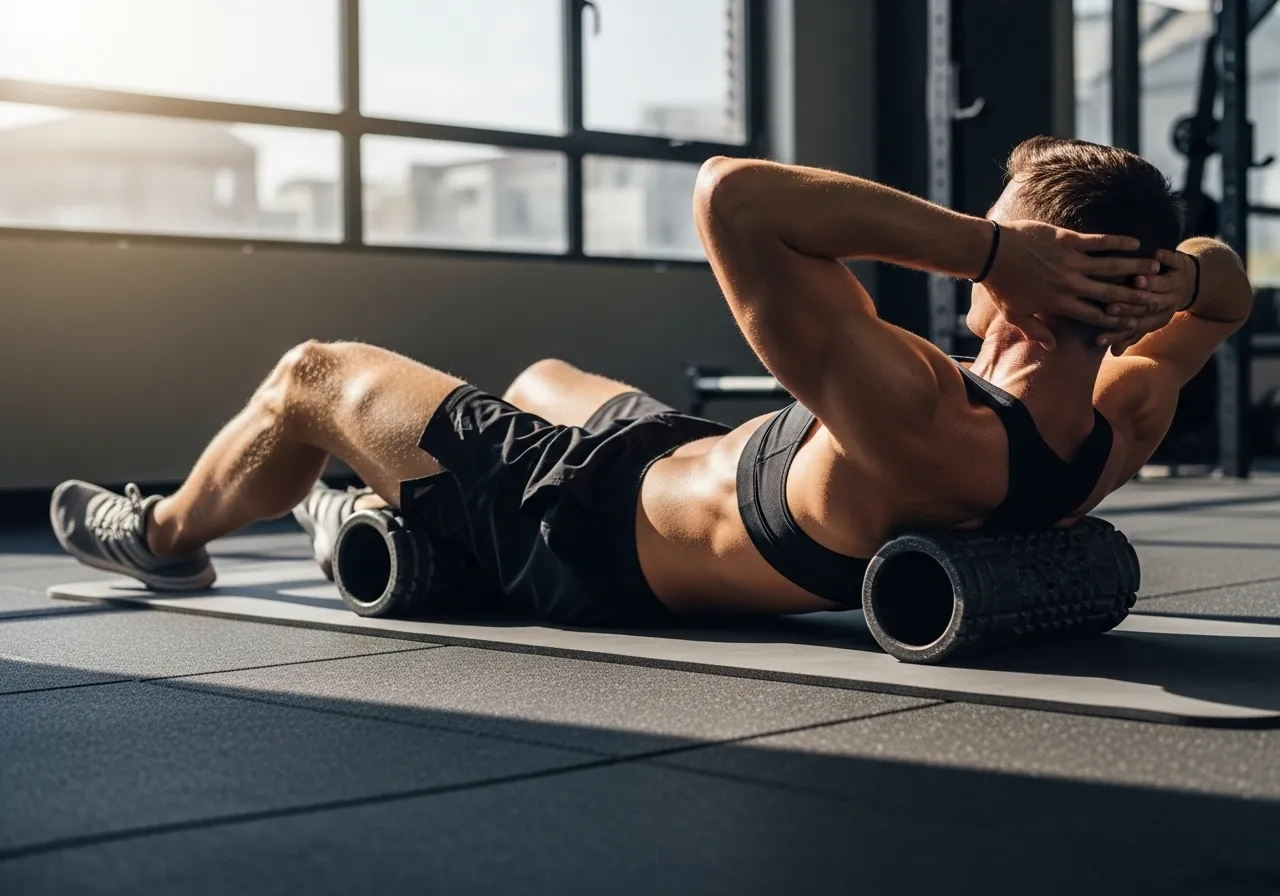 person foam rolling quadriceps and thoracic spine systematically on gym mat