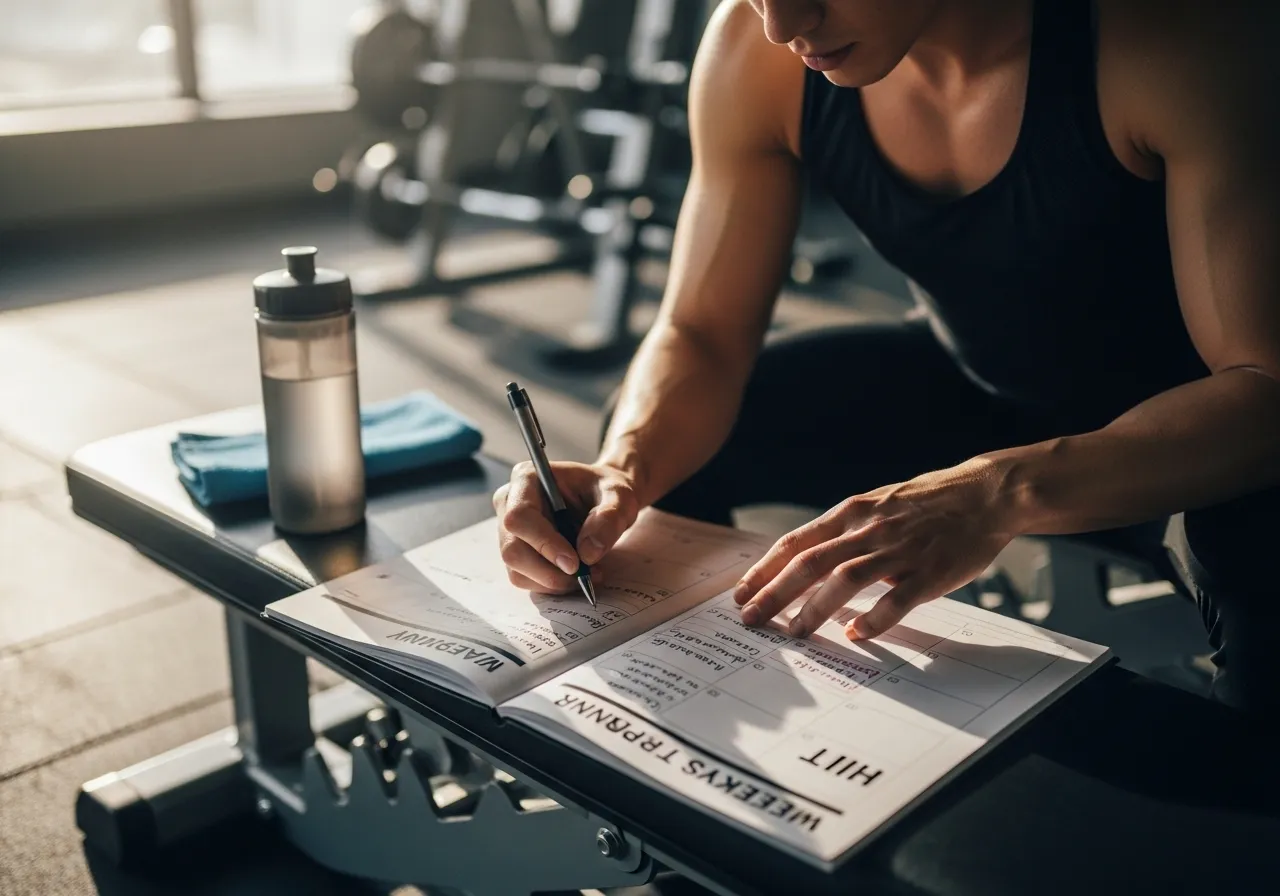 person planning HIIT workout frequency in weekly fitness calendar