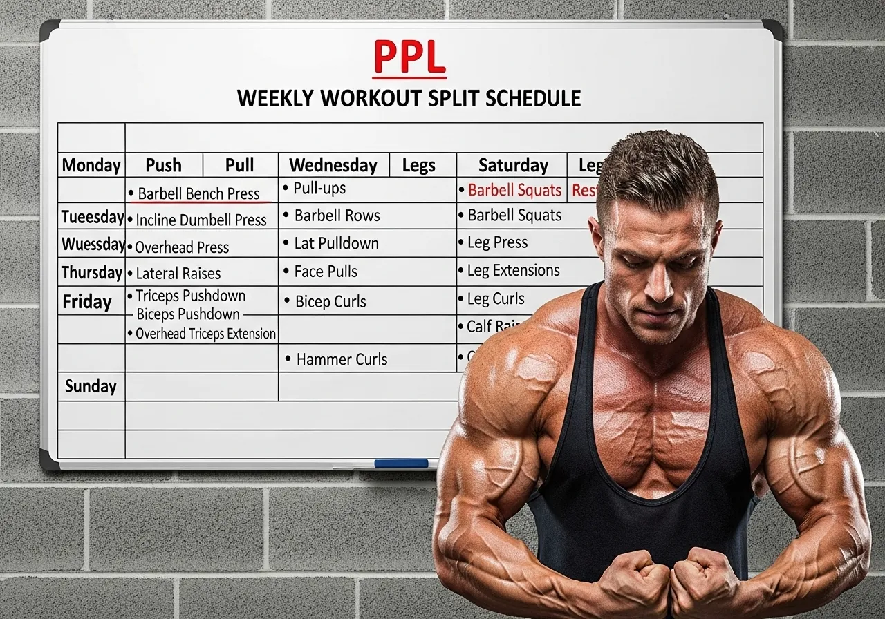  weekly PPL workout split schedule written on whiteboard in gym