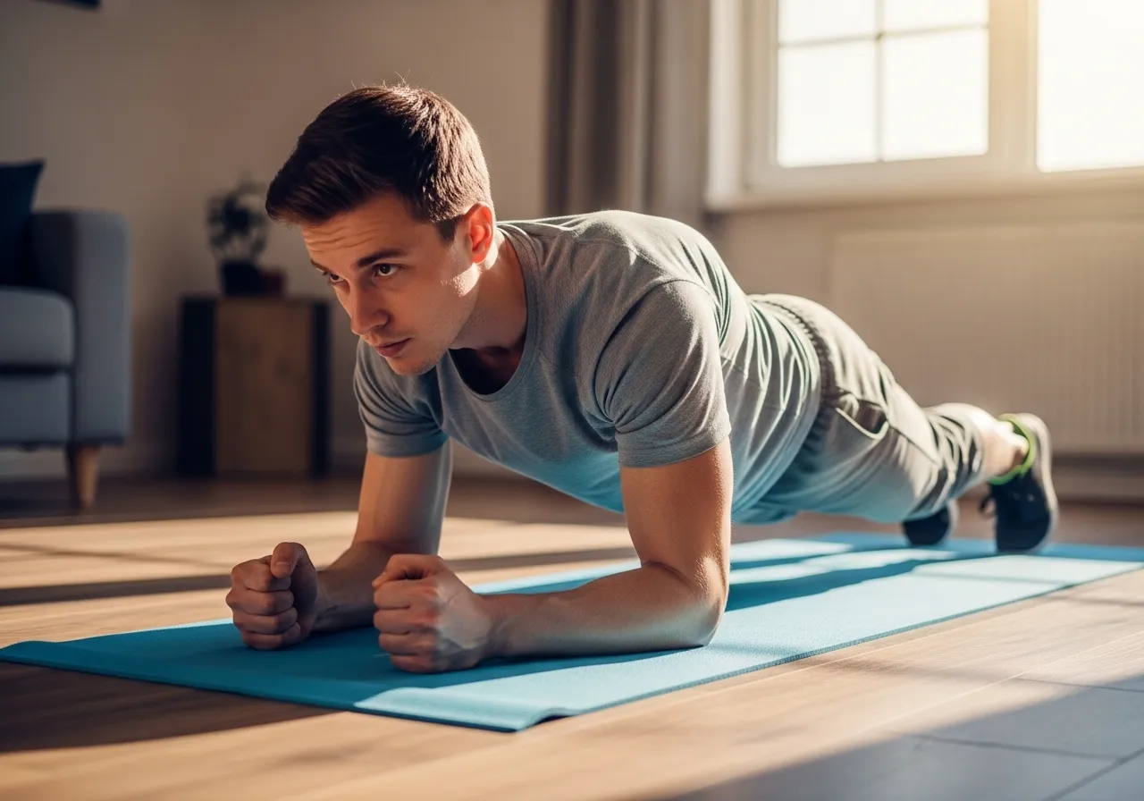 beginner doing bodyweight workout at home on yoga mat- no equipment needed