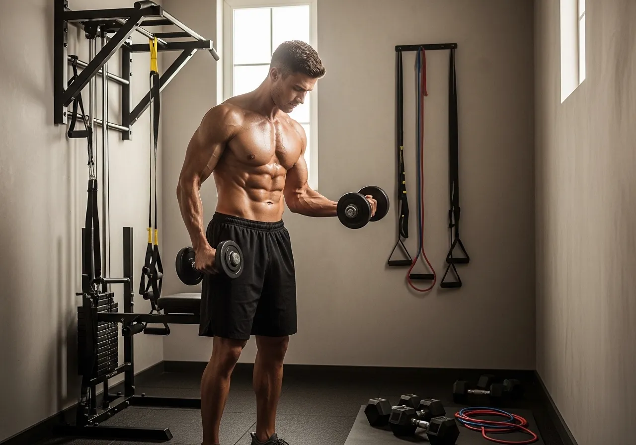 compact budget home gym with dumbbells resistance bands and pull-up bar in small space