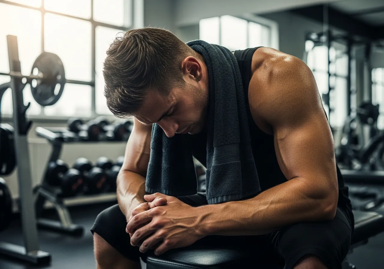 exhausted overtraining athlete resting in gym recognizing burnout warning signs