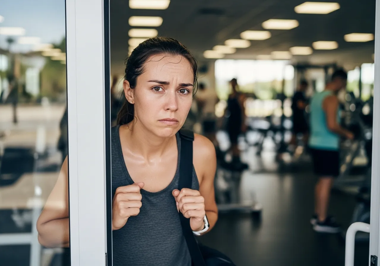  nervous person experiencing gym anxiety before entering gym for first time