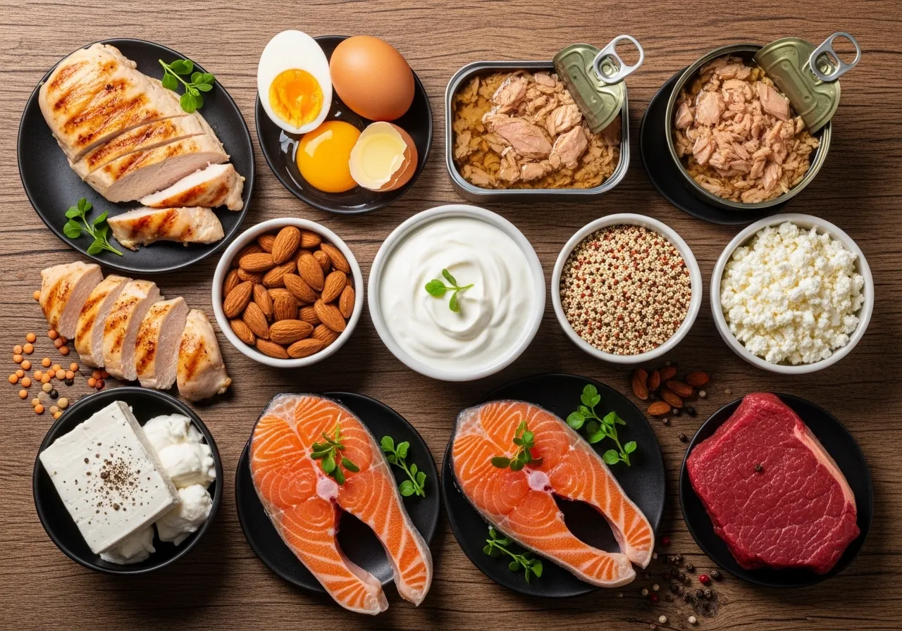  organized weekly meal prep containers with high protein meals in fridge