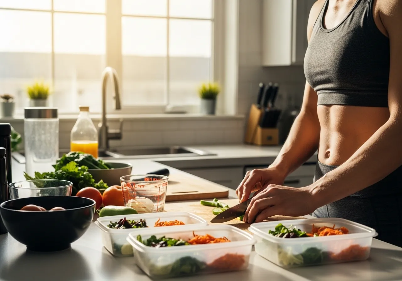  organized weekly meal prep containers with high protein meals in fridge