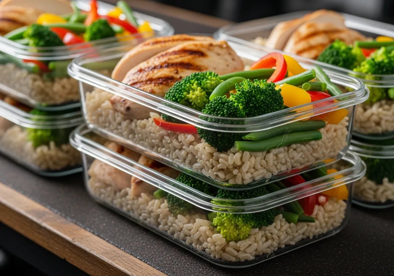  organized weekly meal prep containers with high protein meals in fridge
