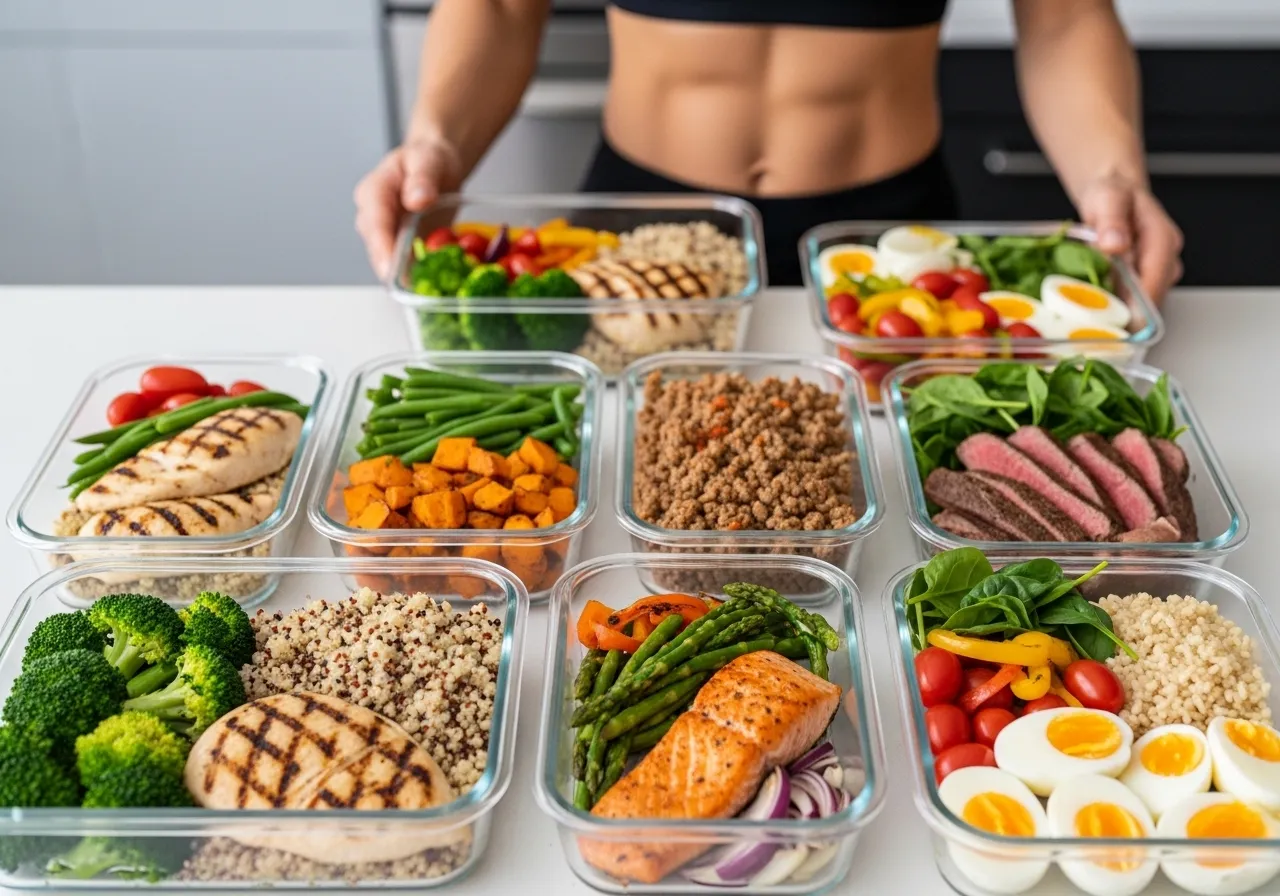  organized weekly meal prep containers with high protein meals in fridge