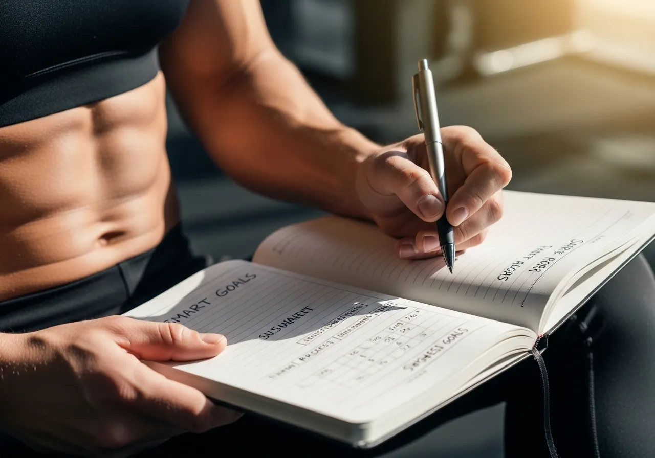 person writing SMART fitness goals in journal with progress chart and timeline