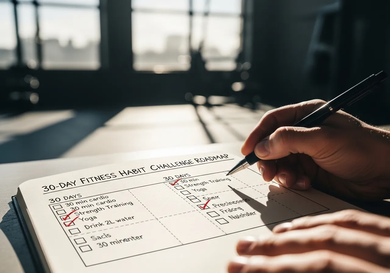 30-day fitness habit challenge roadmap written in journal with checkboxes