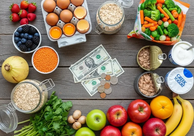 Colorful array of healthy whole foods including eggs, lentils, oats, and fresh produce arranged around minimal currency showing nutritious eating on a budget