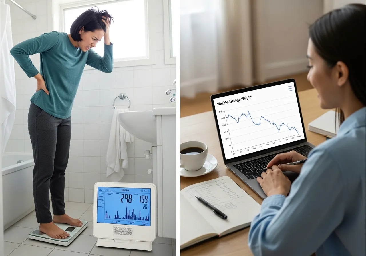 Comparison of daily scale frustration versus weekly average weight tracking showing progress