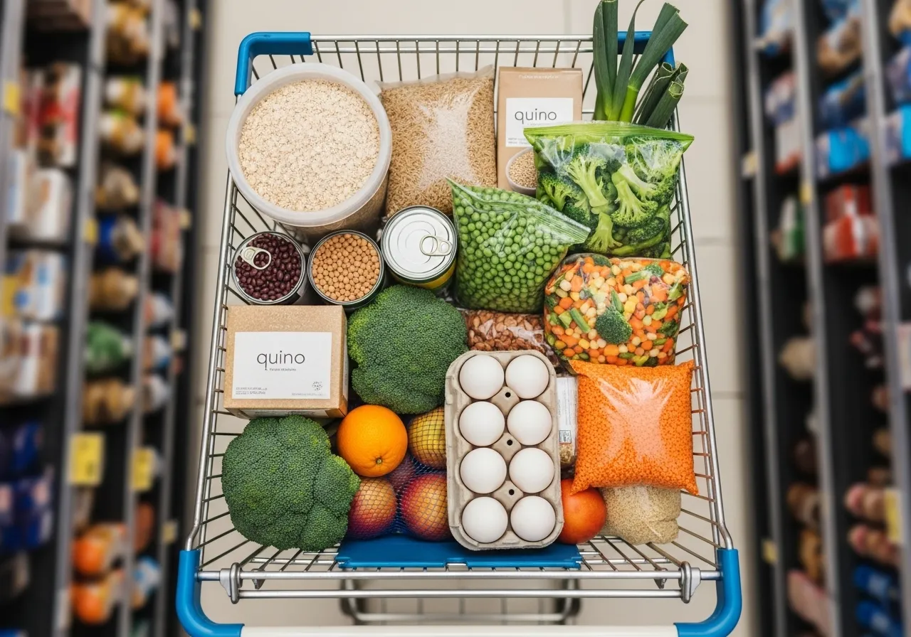 Grocery cart with budget healthy staples including grains, legumes, and produce