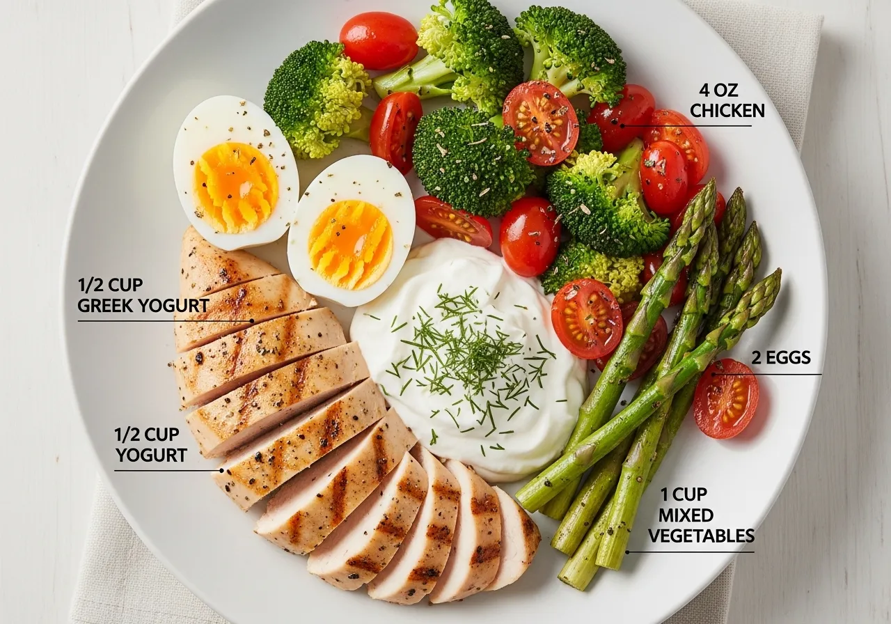 High-protein caloric deficit meal with chicken, Greek yogurt, and vegetables