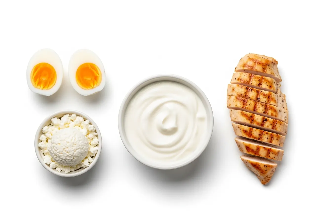 High-protein recovery foods including eggs, Greek yogurt, and chicken breast