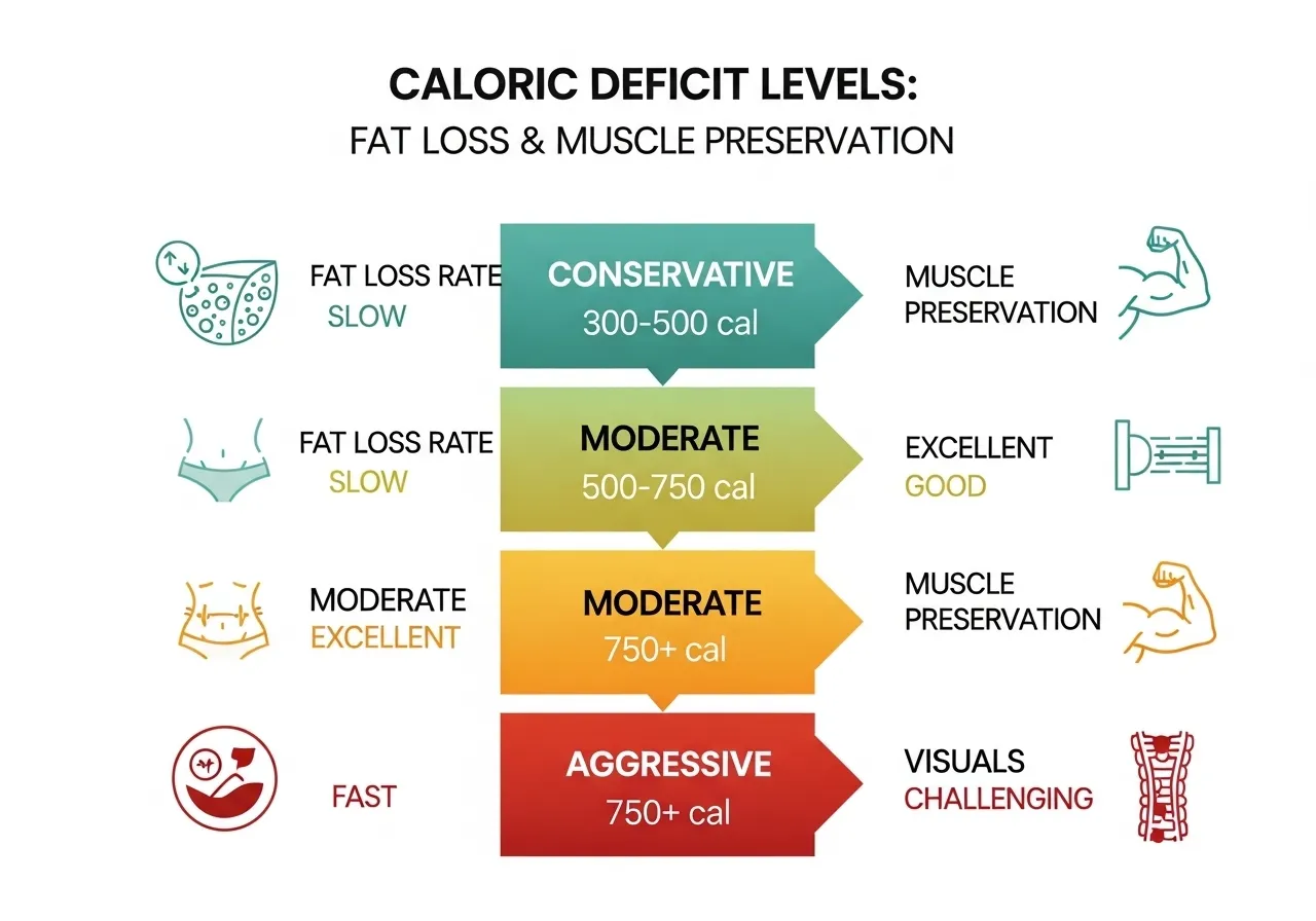 Infographic showing three caloric deficit levels with fat loss and muscle preservation rates