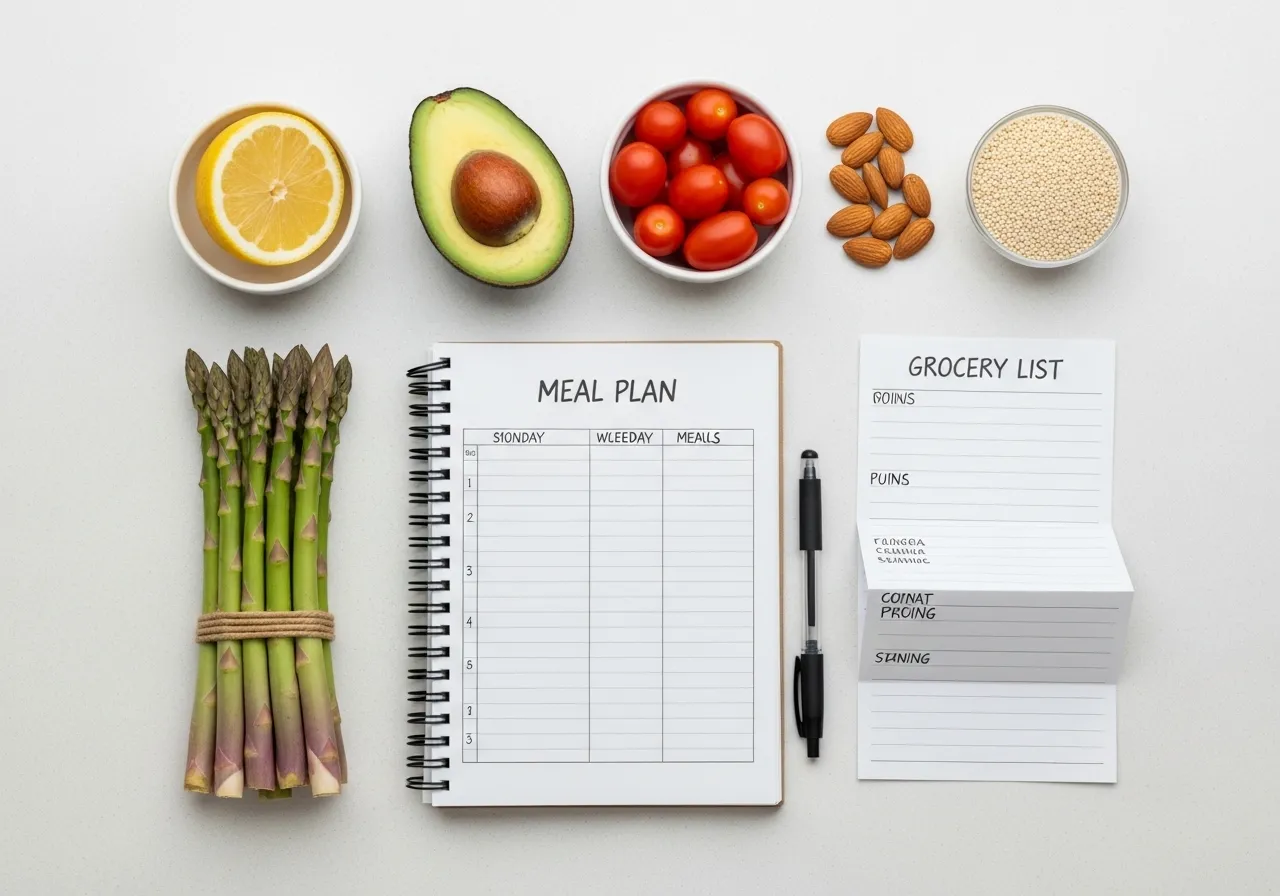 Meal planning workspace with notebook and healthy ingredients for budget eating