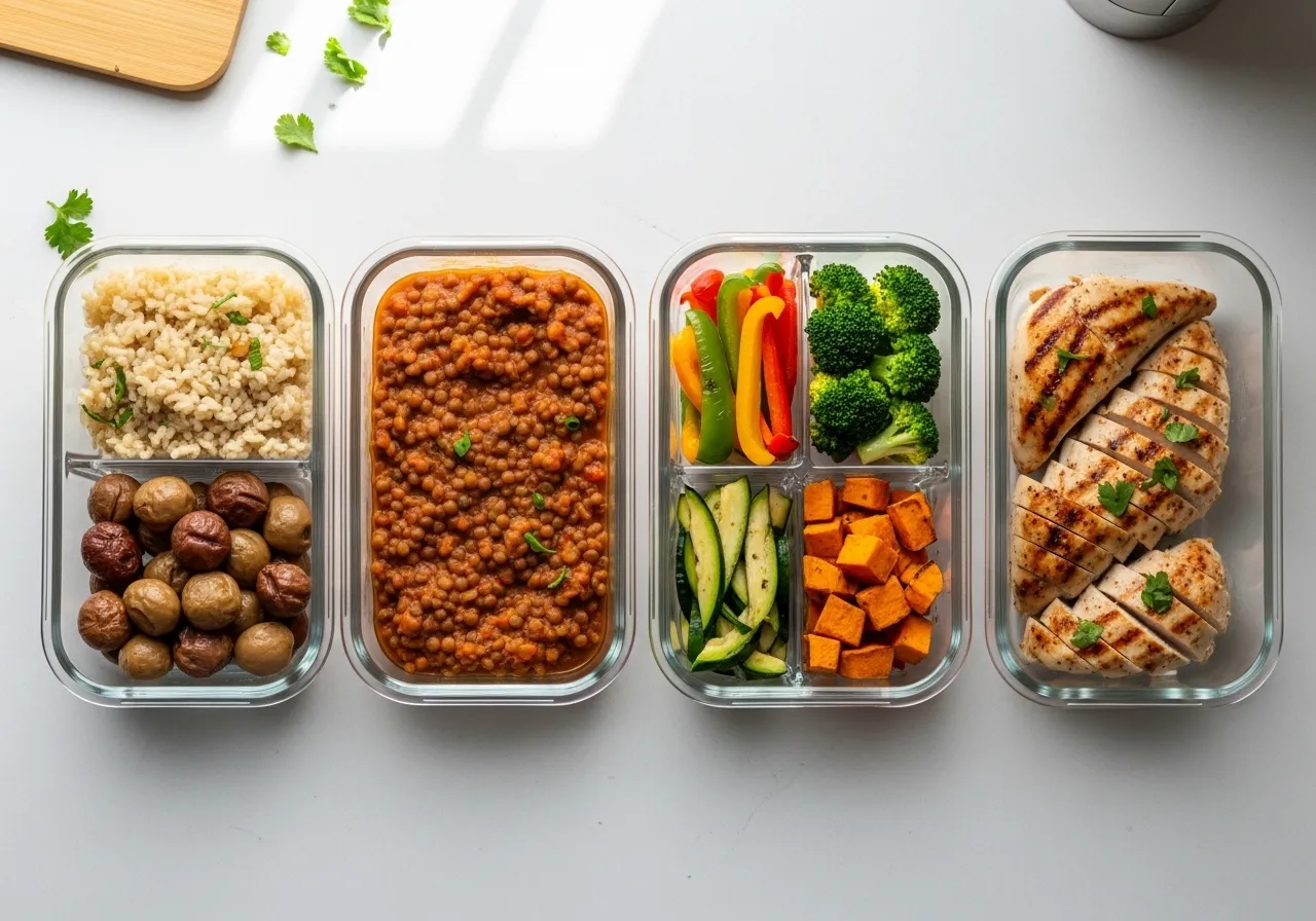 Meal prep containers with batch-cooked rice, lentils, vegetables, and chicken