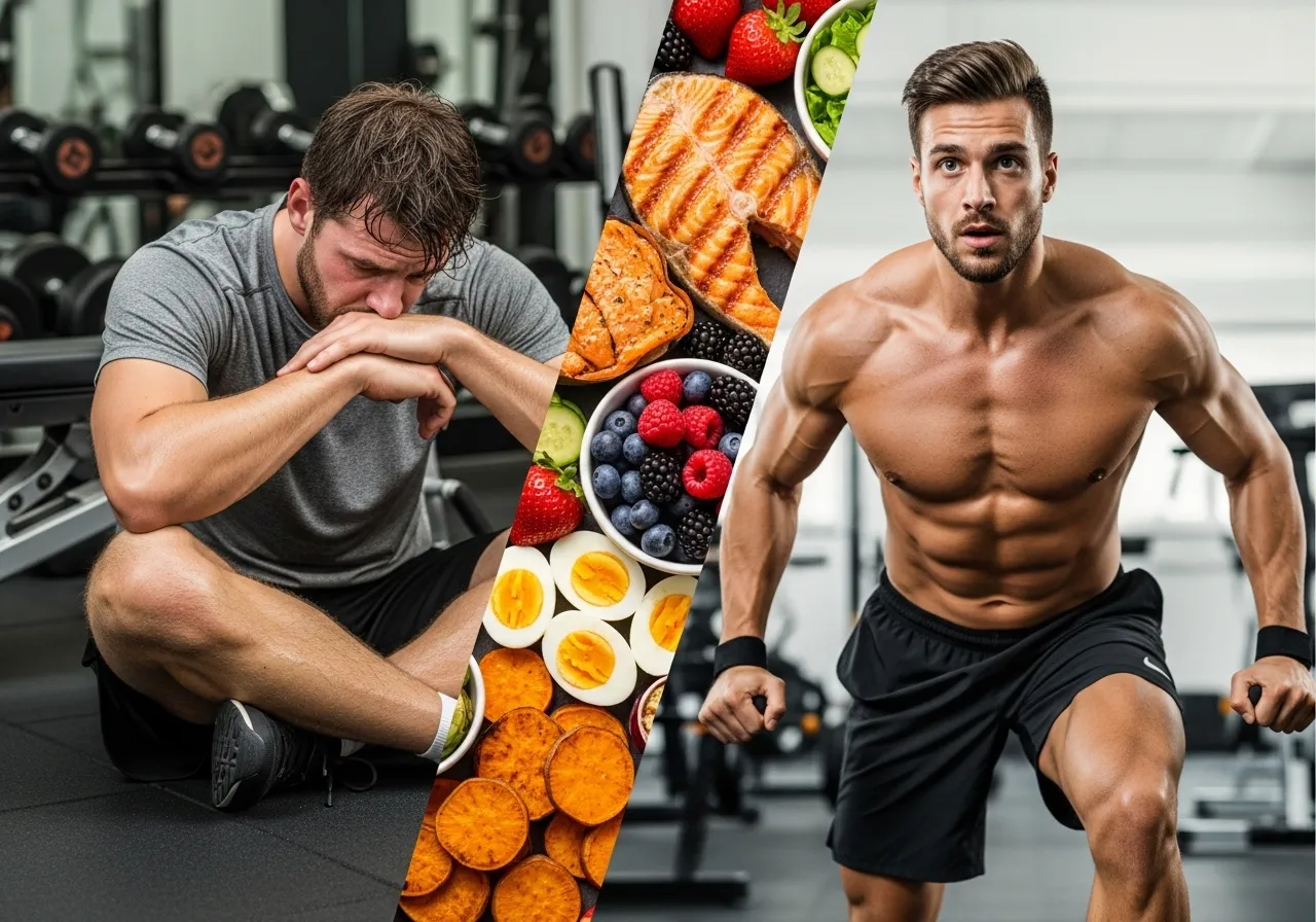 Optimal recovery foods including salmon, berries, eggs, and sweet potato transforming post-workout fatigue into peak athletic performance