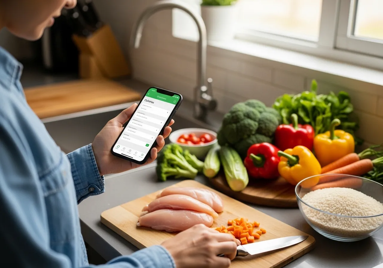 Person tracking calories on smartphone app while cooking healthy meal