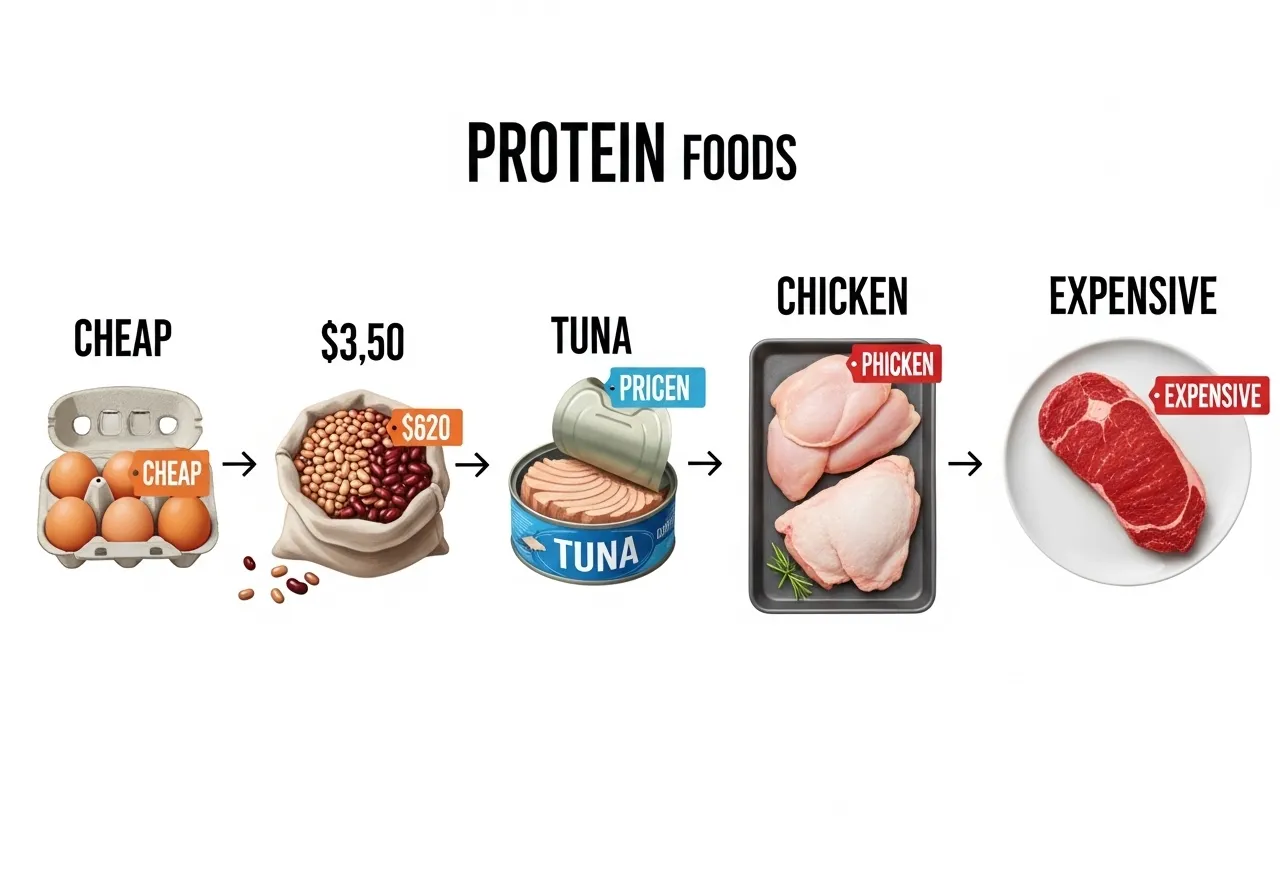 Protein foods ranked by cost efficiency from eggs to steak