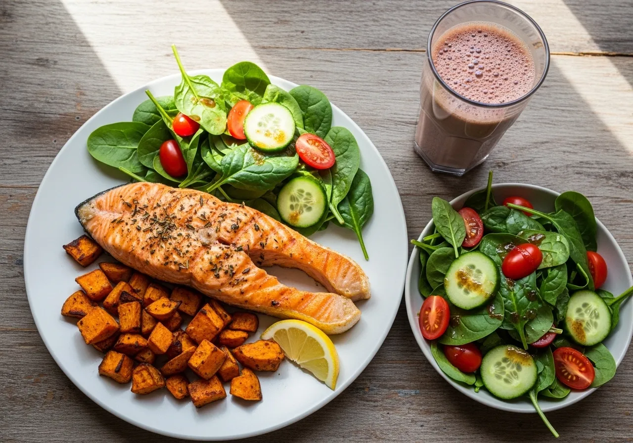 Recovery meal spread with salmon, sweet potato, spinach, and chocolate milk