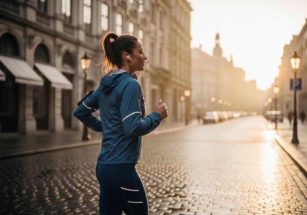 active traveler jogging through city streets early morning staying fit while traveling