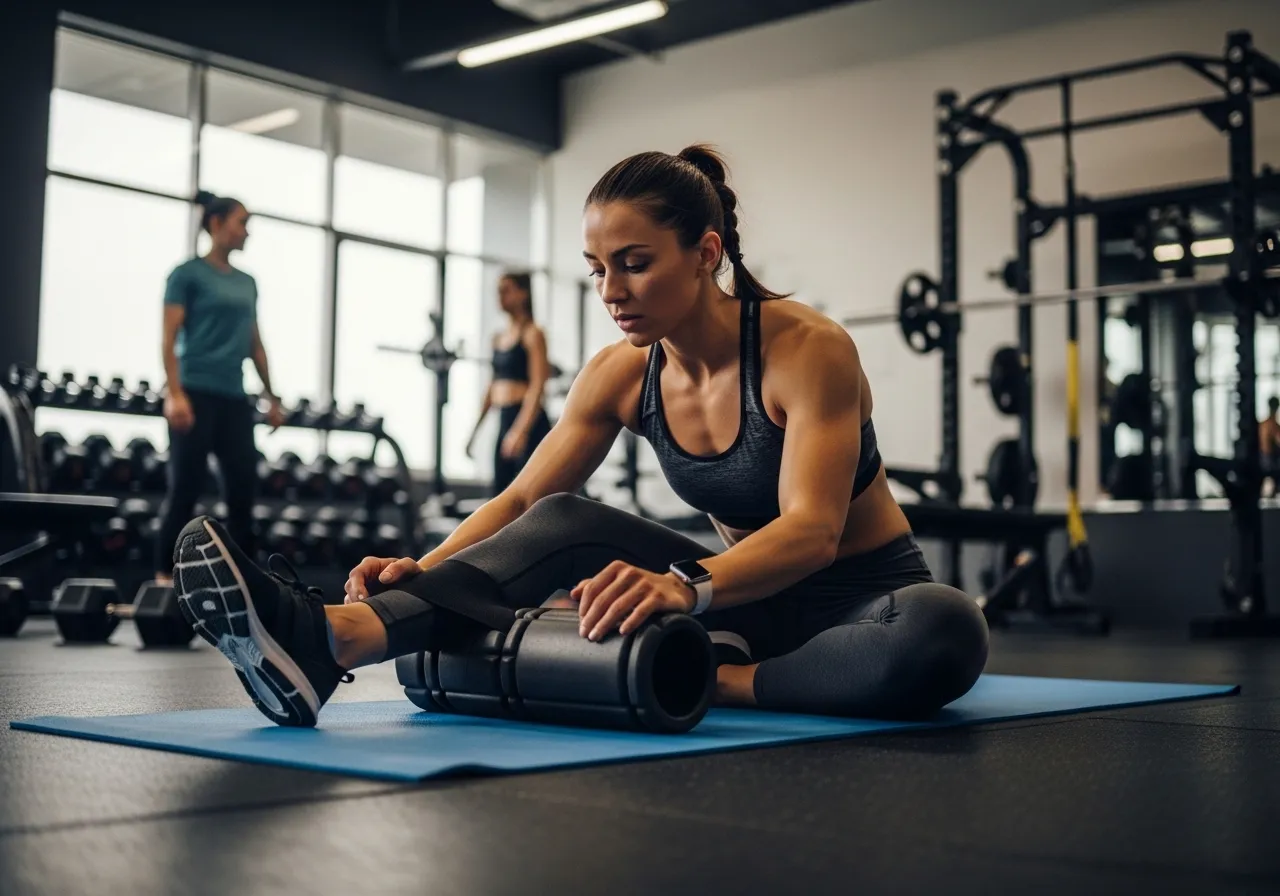 advanced foam rolling: tools, techniques, and targeted applications, professional fitness photography, natural gym lighting, high-detail, sharp focus, photorealistic, authentic and motivating atmosphere