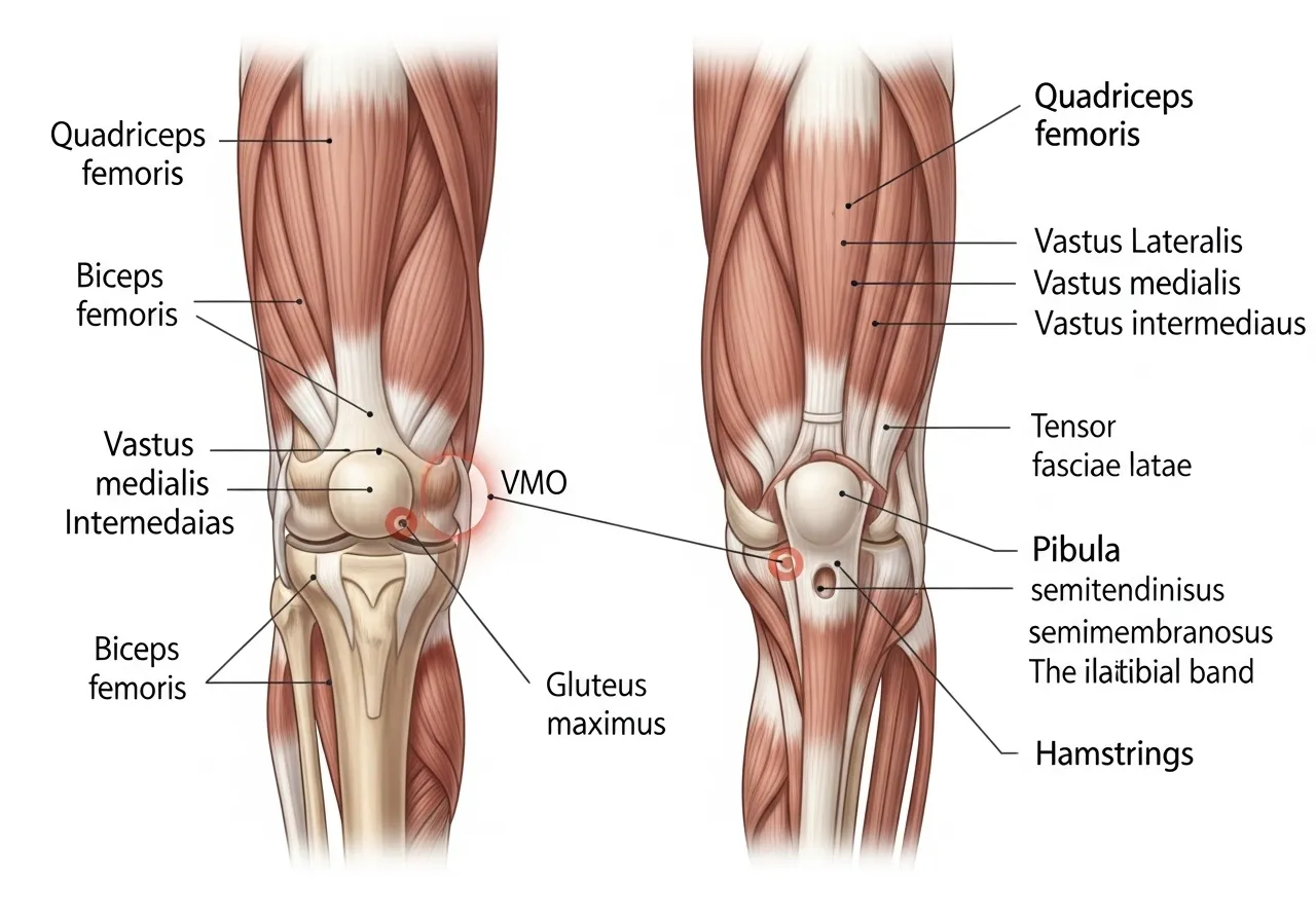 anatomical diagram of the knee joint and surrounding muscles