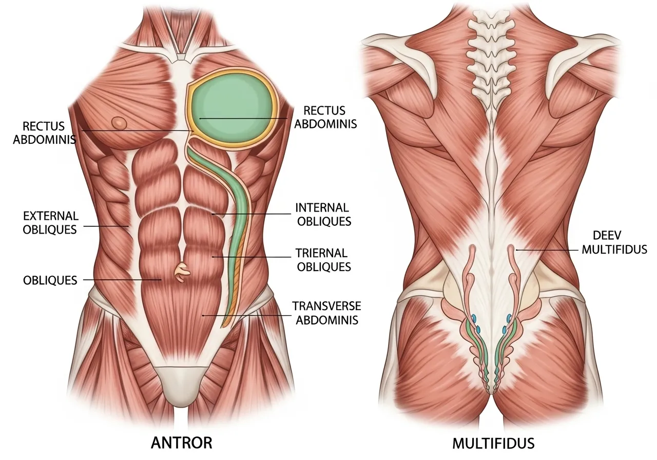 anatomical illustration showing all core muscles — rectus abdominis obliques transverse abdominis