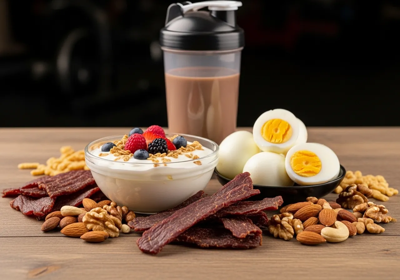 assortment of high-protein snacks including Greek yogurt jerky eggs and nuts