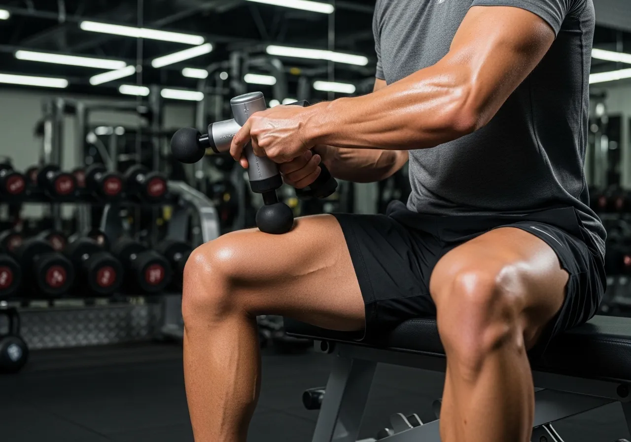 athlete applying massage gun to quadriceps with correct technique