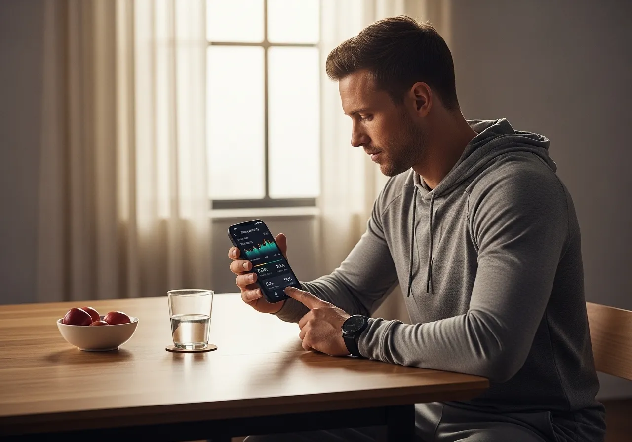 athlete checking sleep data on wearable device after night of quality recovery sleep