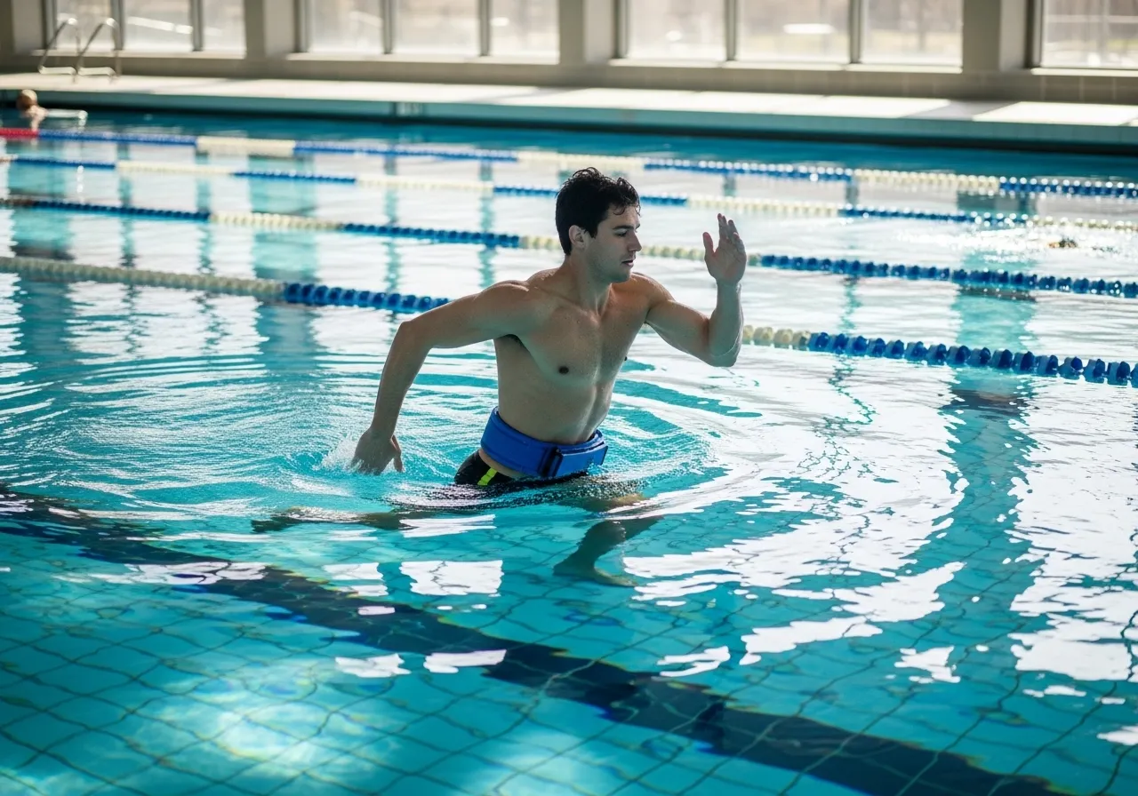athlete doing pool running as low-impact shin splint cross training