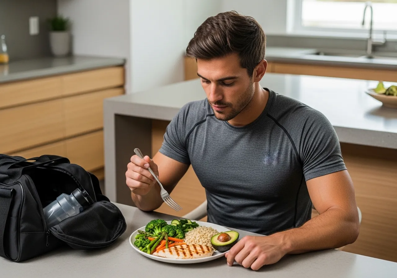 athlete eating balanced pre-workout meal of chicken rice and vegetables 90 minutes before training