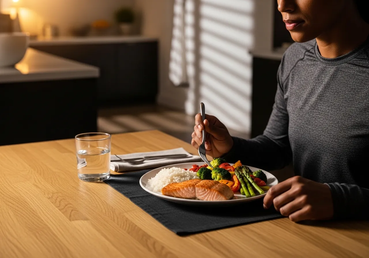 athlete eating post-workout dinner with carbohydrates protein and vegetables after evening training