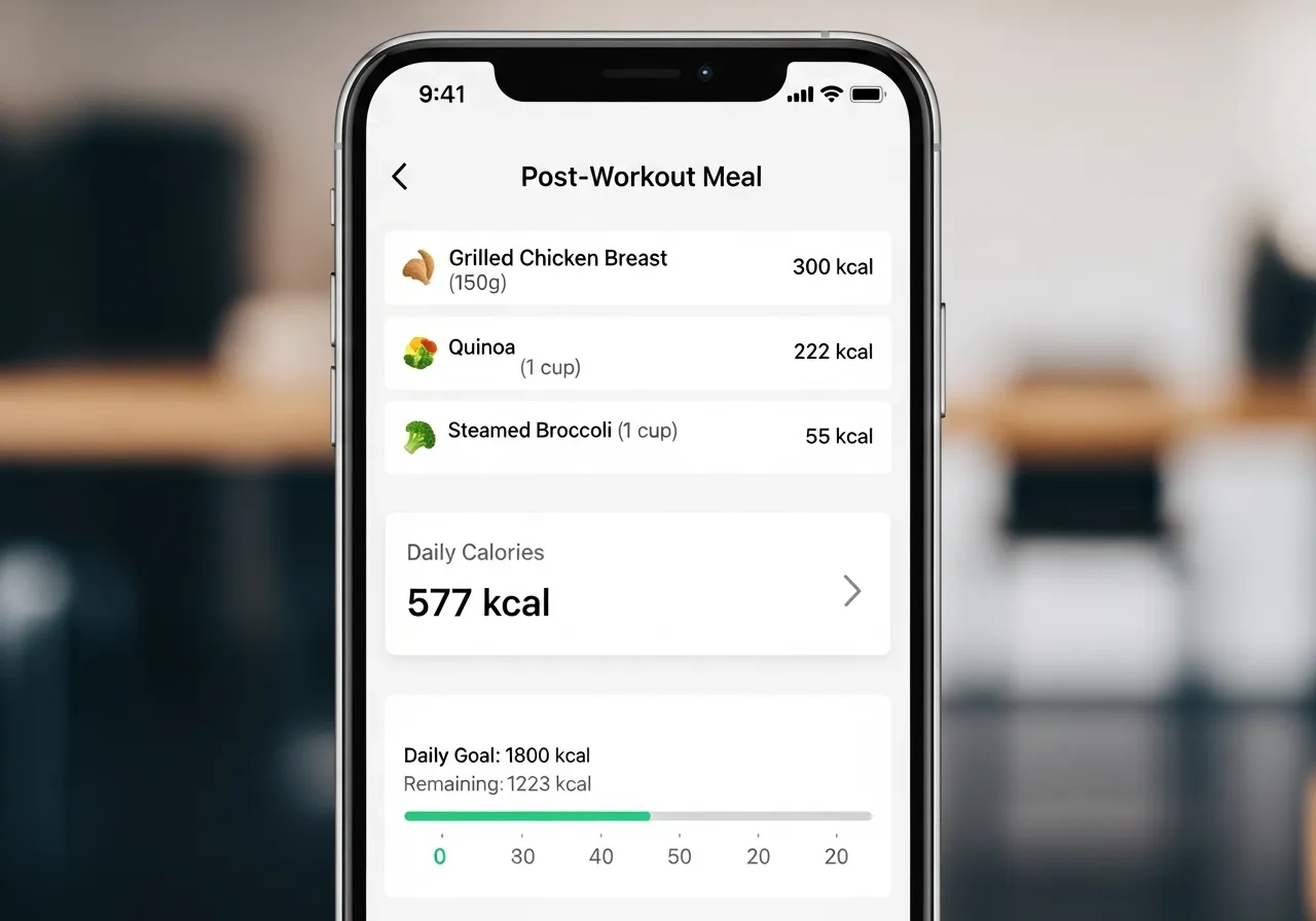 athlete eating recovery meal mindfully at table without phone showing deliberate post-workout eating practice, professional lifestyle photography
