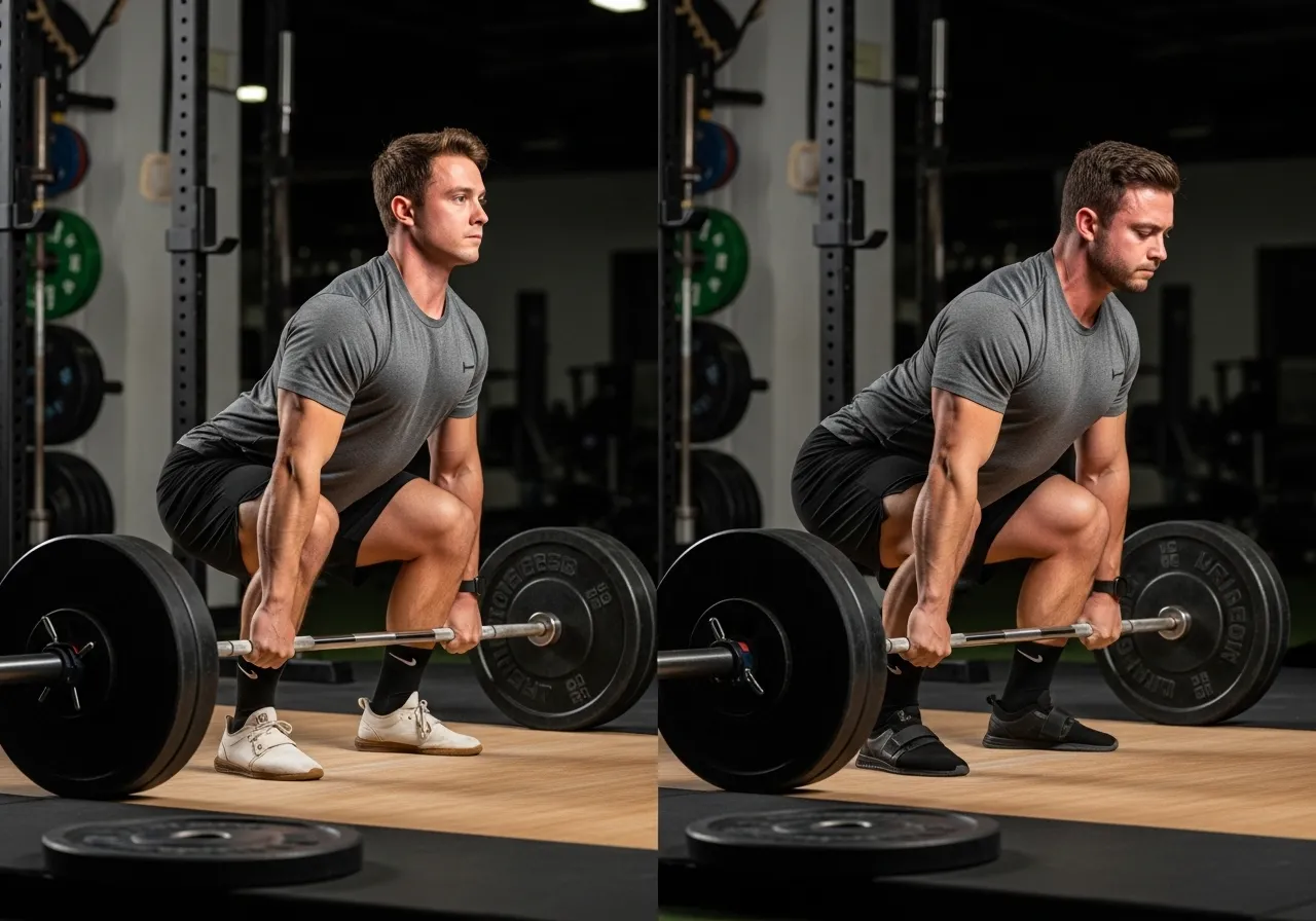 athlete in correct deadlift starting position showing neutral spine lat engagement bar over mid-foot professional fitness photography side view