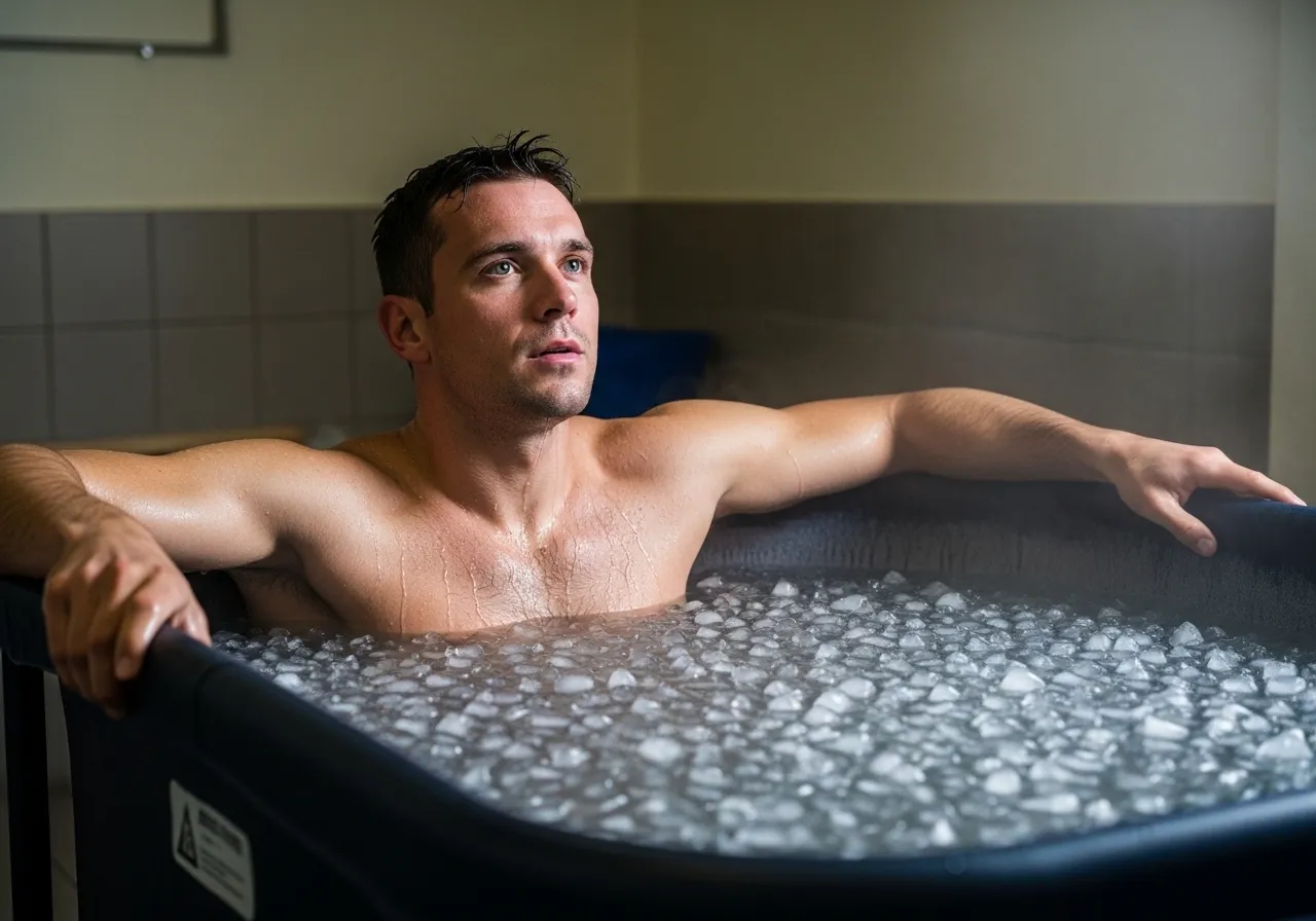 athlete in ice bath for cold water immersion DOMS recovery after intense workout