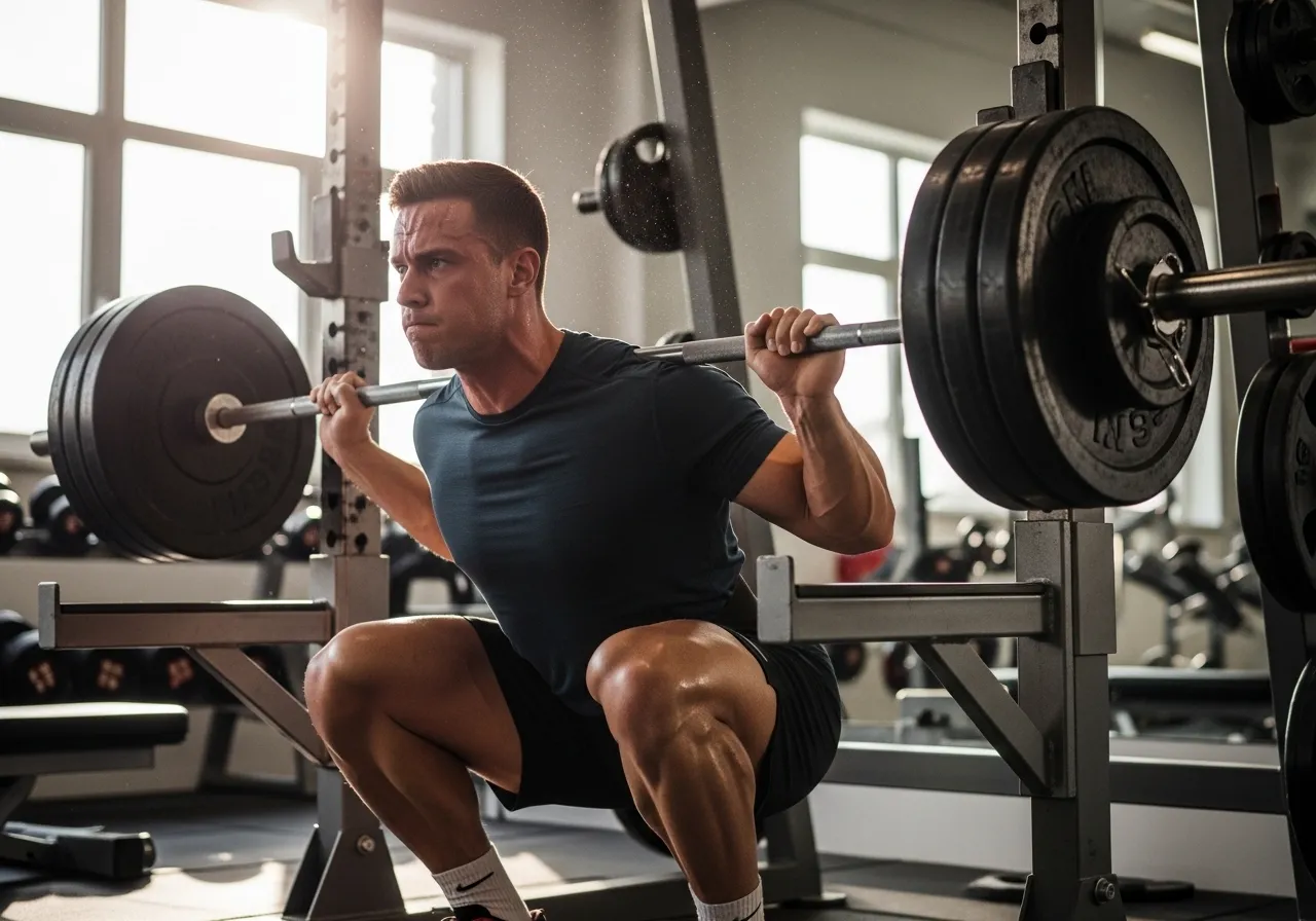 athlete performing barbell squat in gym on 5-day muscle gain program