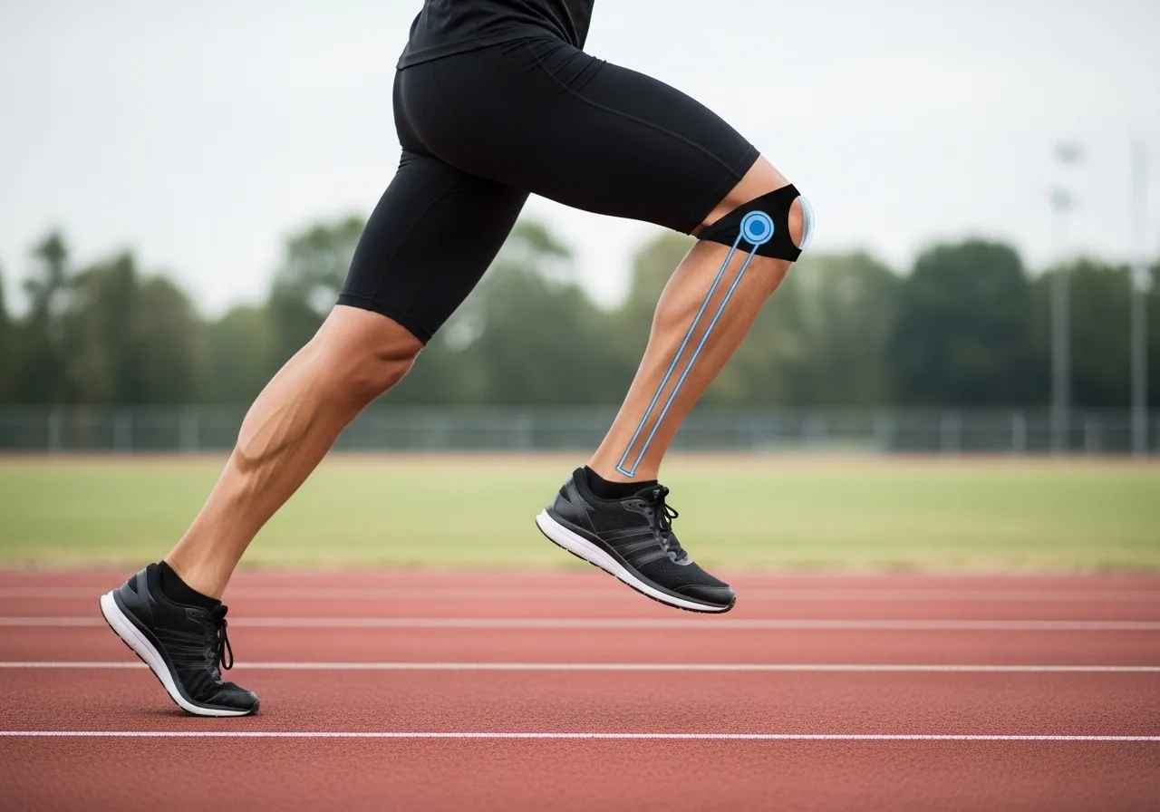 athlete performing clamshell exercise with resistance band showing hip strengthening for runner's knee rehab, professional fitness photography
