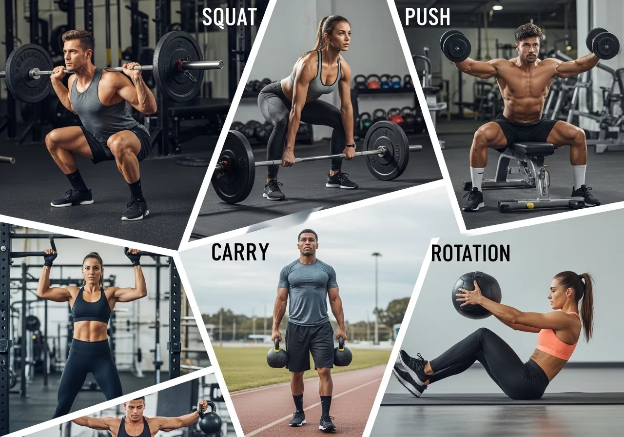 athlete performing functional training exercises kettlebell squat lunge and push-up showing real-world movement patterns, professional fitness photography