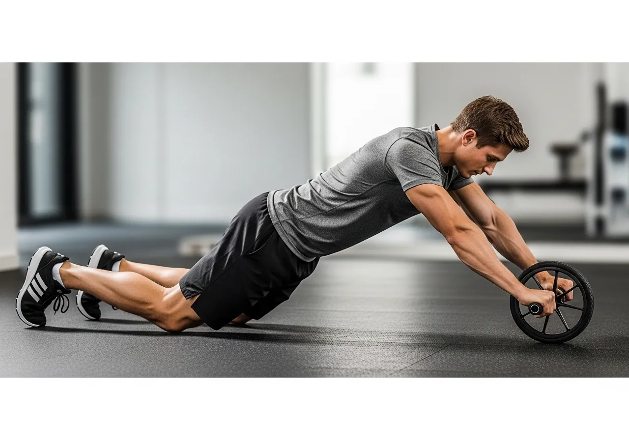 athlete performing hollow body hold on gym mat showing correct lower back flat position arms and legs extended, professional fitness photography