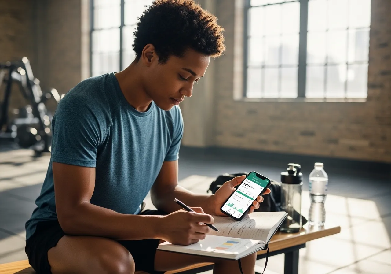 athlete reviewing fitness journal data before training session on phone app and notebook