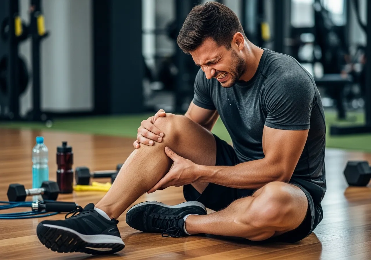 athlete stopping during workout holding painful knee showing sharp exercise pain response