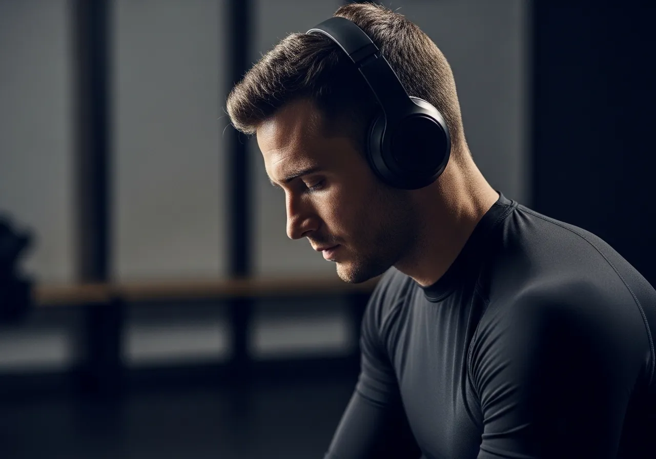 athlete with headphones in pre-competition preparation listening to music backstage